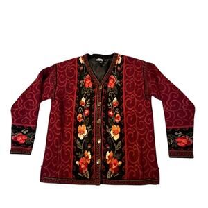 VTG Icelandic Designs 100% Wool Floral Embroidered Jacket Burgundy/Black Size S